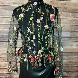 Raylosen Sheer Black Floral Mesh Embroidered Small Top